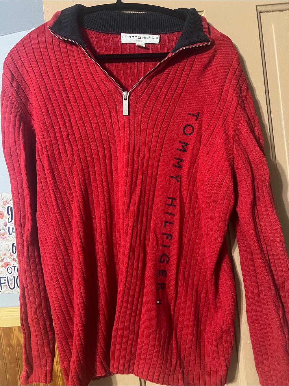 Tommy Hilfiger Men’s Red Ribbed Half-Zip Sweater with Black Collar